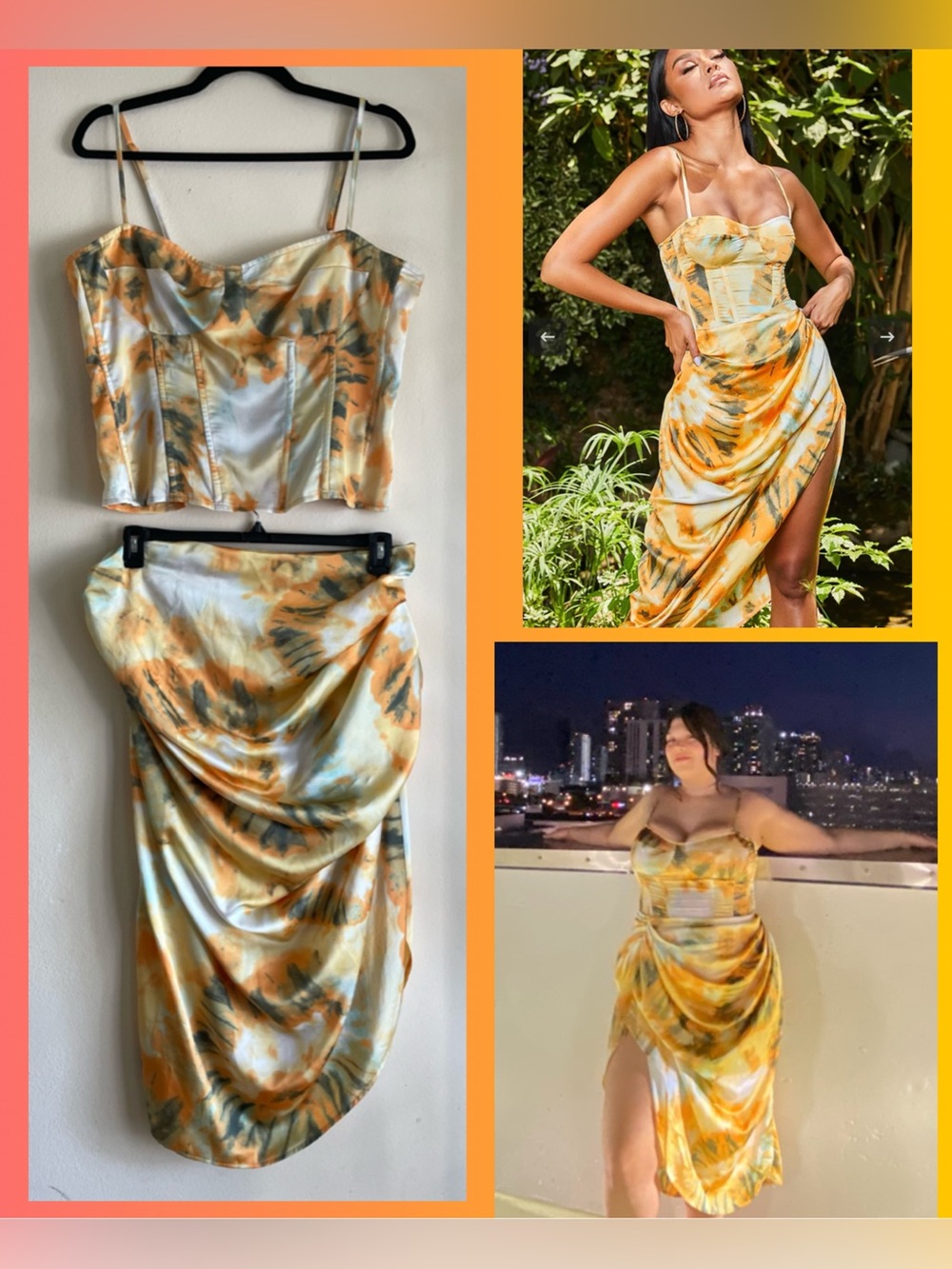Pretty Little Thing Orange and Yellow Tie Dye Ruched Midi Skirt Set